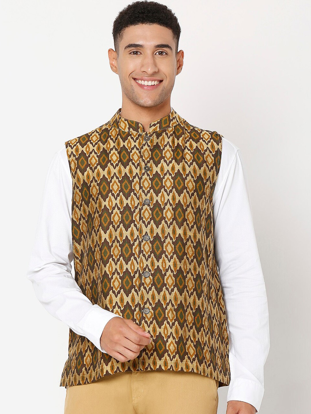 

SALWAR STUDIO Men Gold-Coloured & Green Woven Design Pure Cotton Nehru Jackets