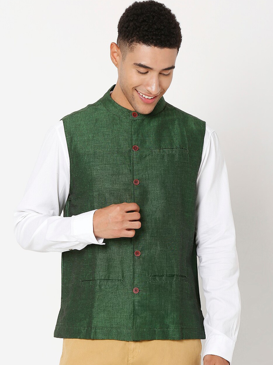 

SALWAR STUDIO Men Green Woven-Design Pure Cotton Nehru Jackets