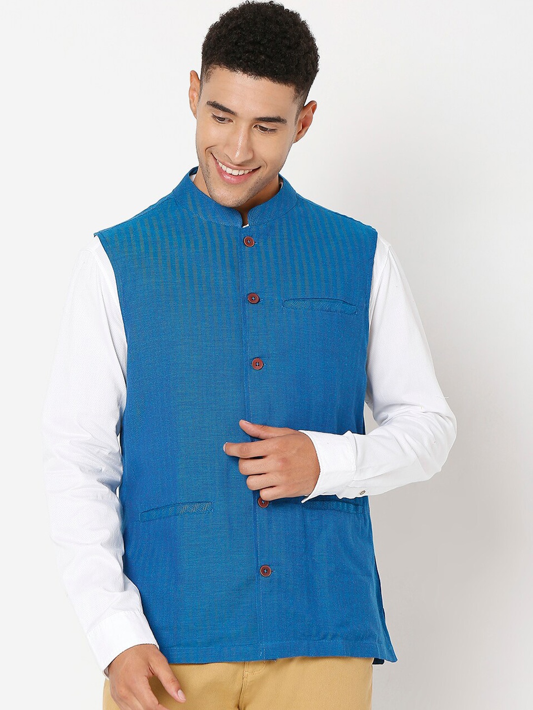 

SALWAR STUDIO Men Blue Solid Woven Pure Cotton Nehru Jackets