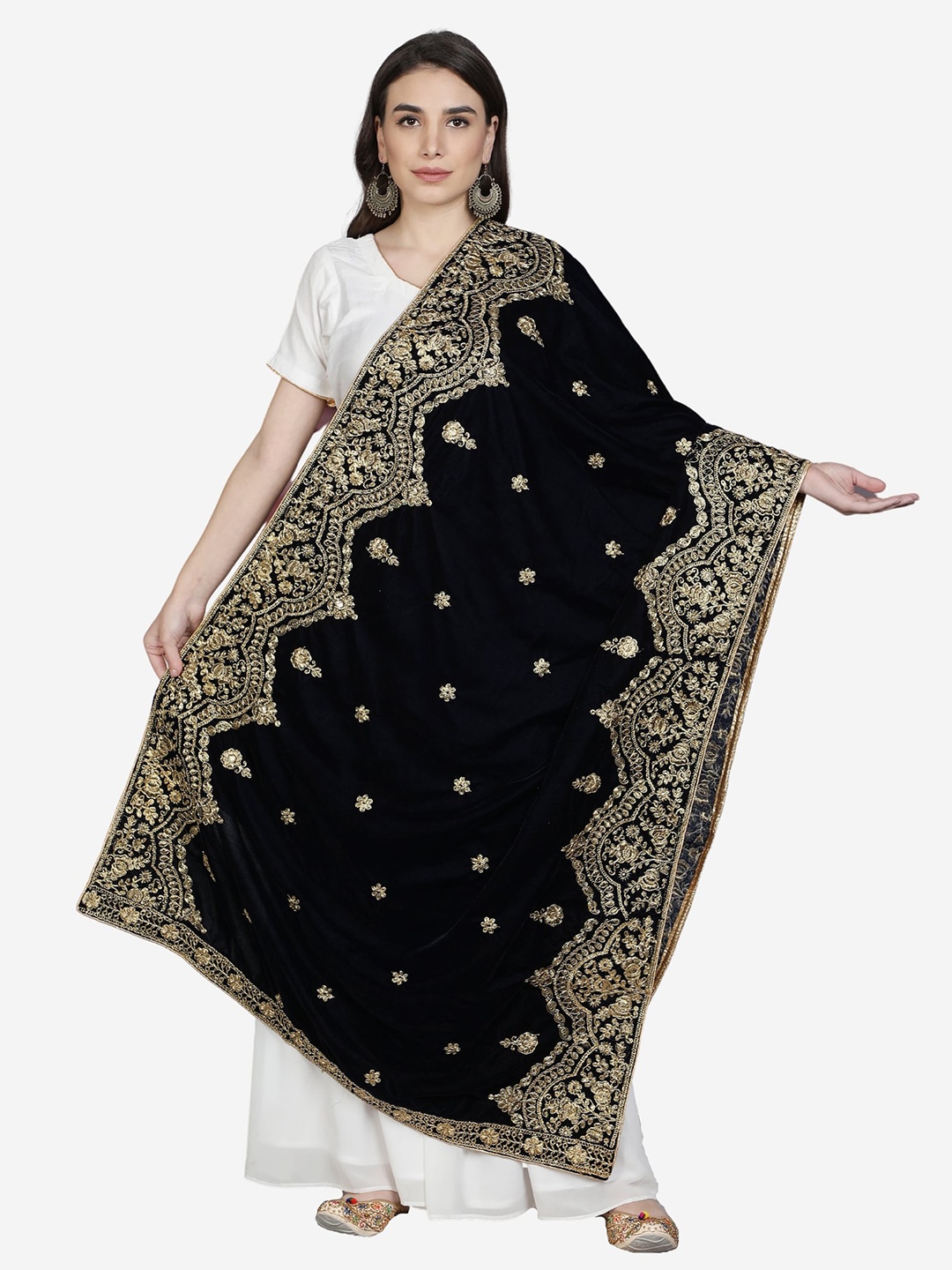 

Moda Chales Blue & Gold-Toned Embroidered Velvet Dupatta
