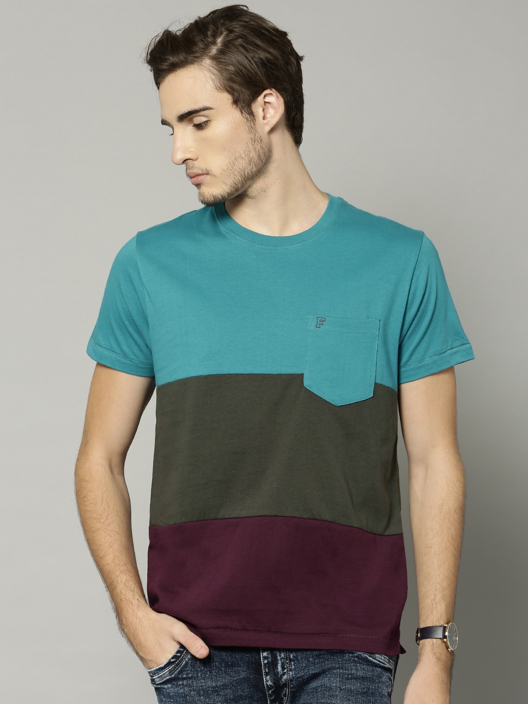 

French Connection Men Sea Green & Charcoal Grey Colourblocked Round Neck T-shirt