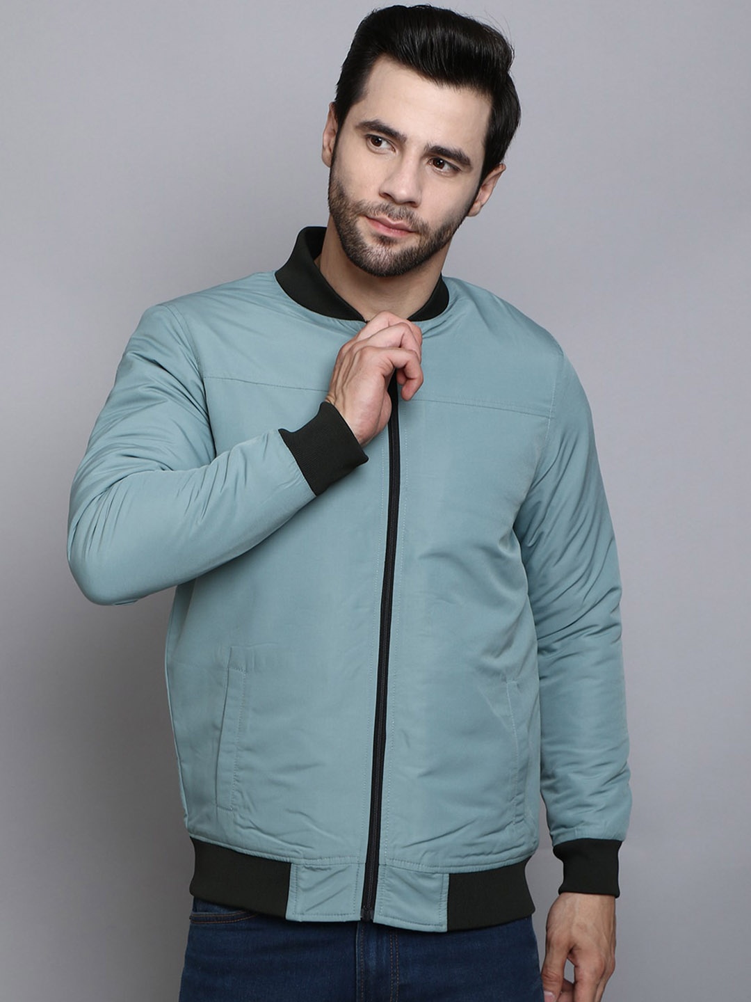 

SIAPA Men Turquoise Blue Windcheater Outdoor Bomber Jacket