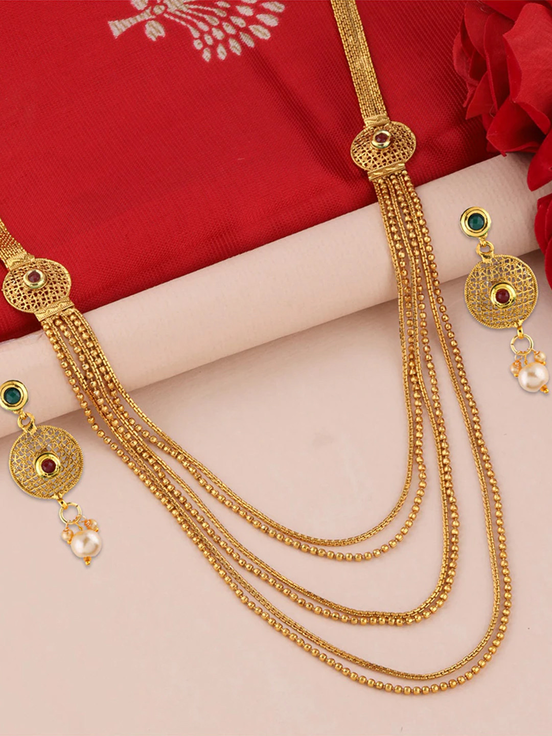 

Silver Shine Gold-Plated Red & Off-White Stone-Studded & Beaded Jewellery Set