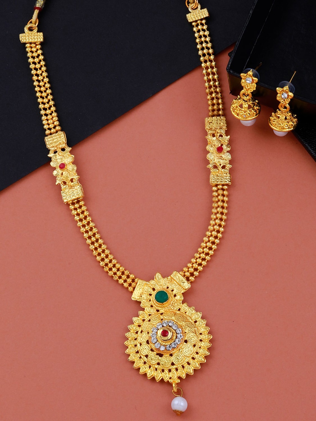 

Silver Shine Gold-Plated White, Red & Green Stone Studded & Beaded Jewellery Set