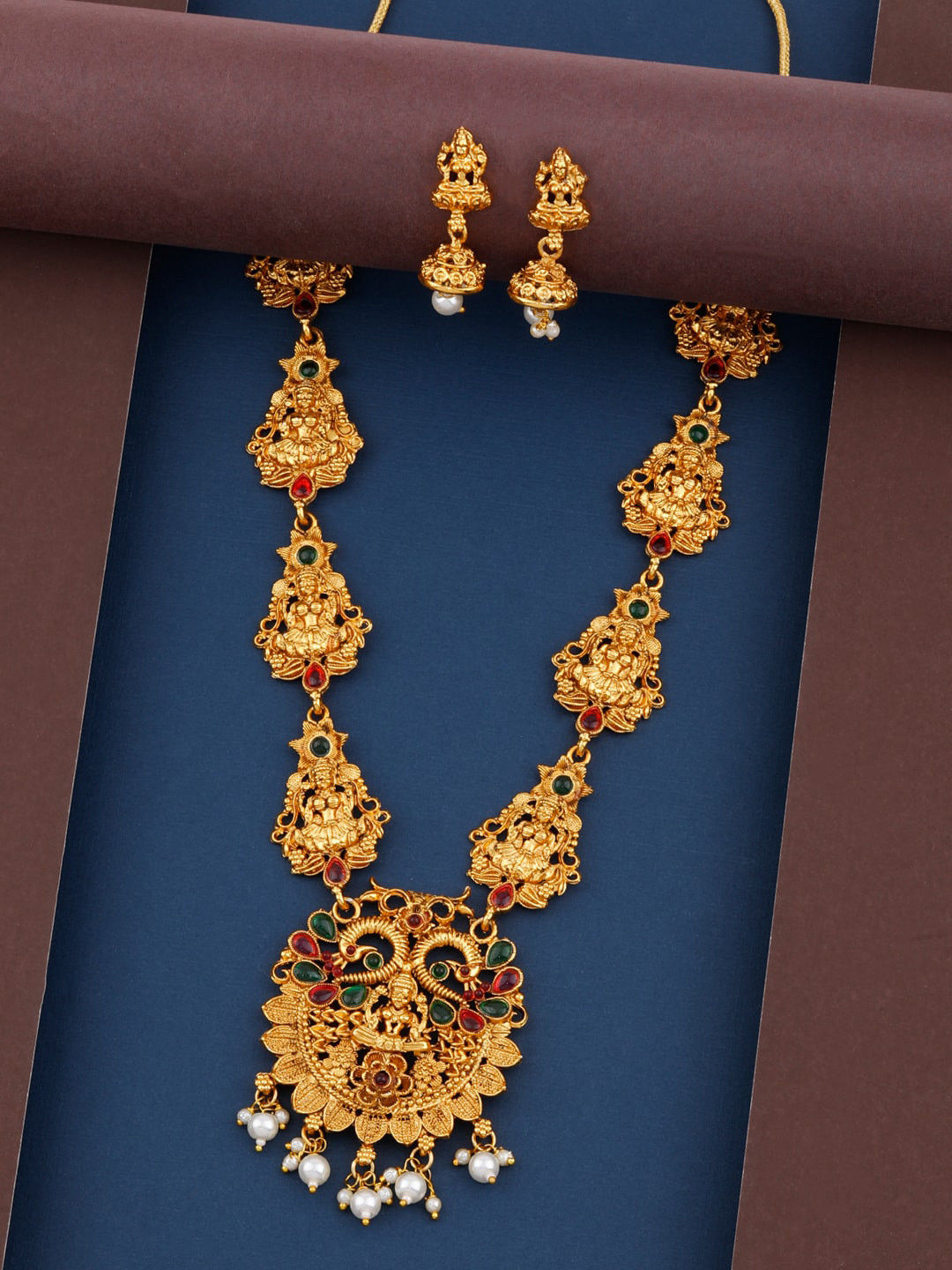 

Silver Shine Gold-Plated Red & Green Stone Studded & Beaded Temple Jewellery Set