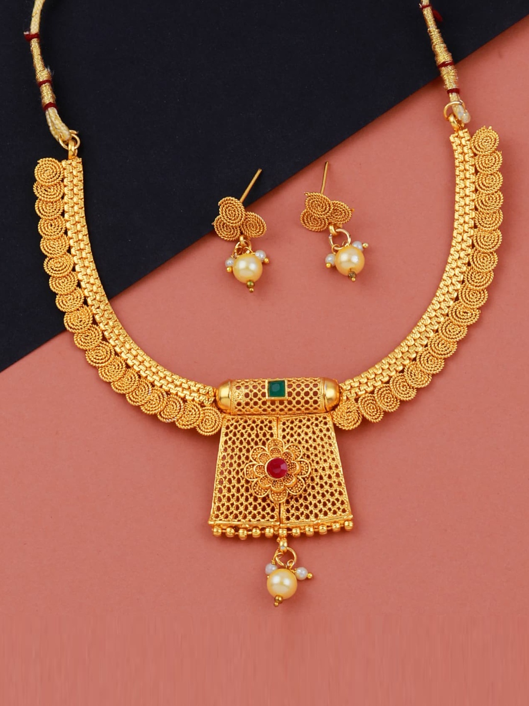 

Silver Shine Gold-Plated Stone Studded Long Necklace Jewellery Set