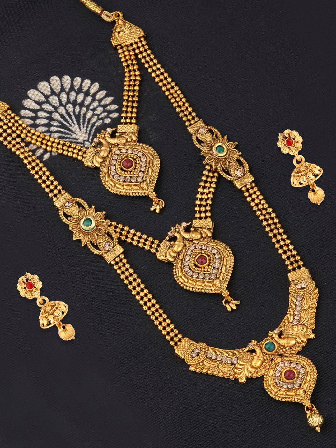 

Silver Shine Gold-Plated Stone Studded Long Necklace Jewellery Set