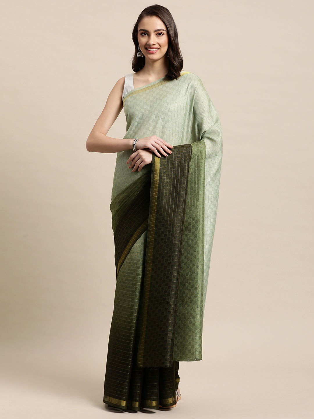 

LOROFY Green Dyed Woven Design Chanderi Cotton Saree