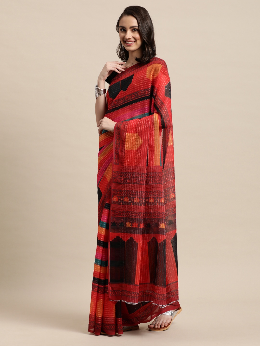 

LOROFY Red & Black Ethnic Motifs Printed Sequinned Pure Georgette Saree