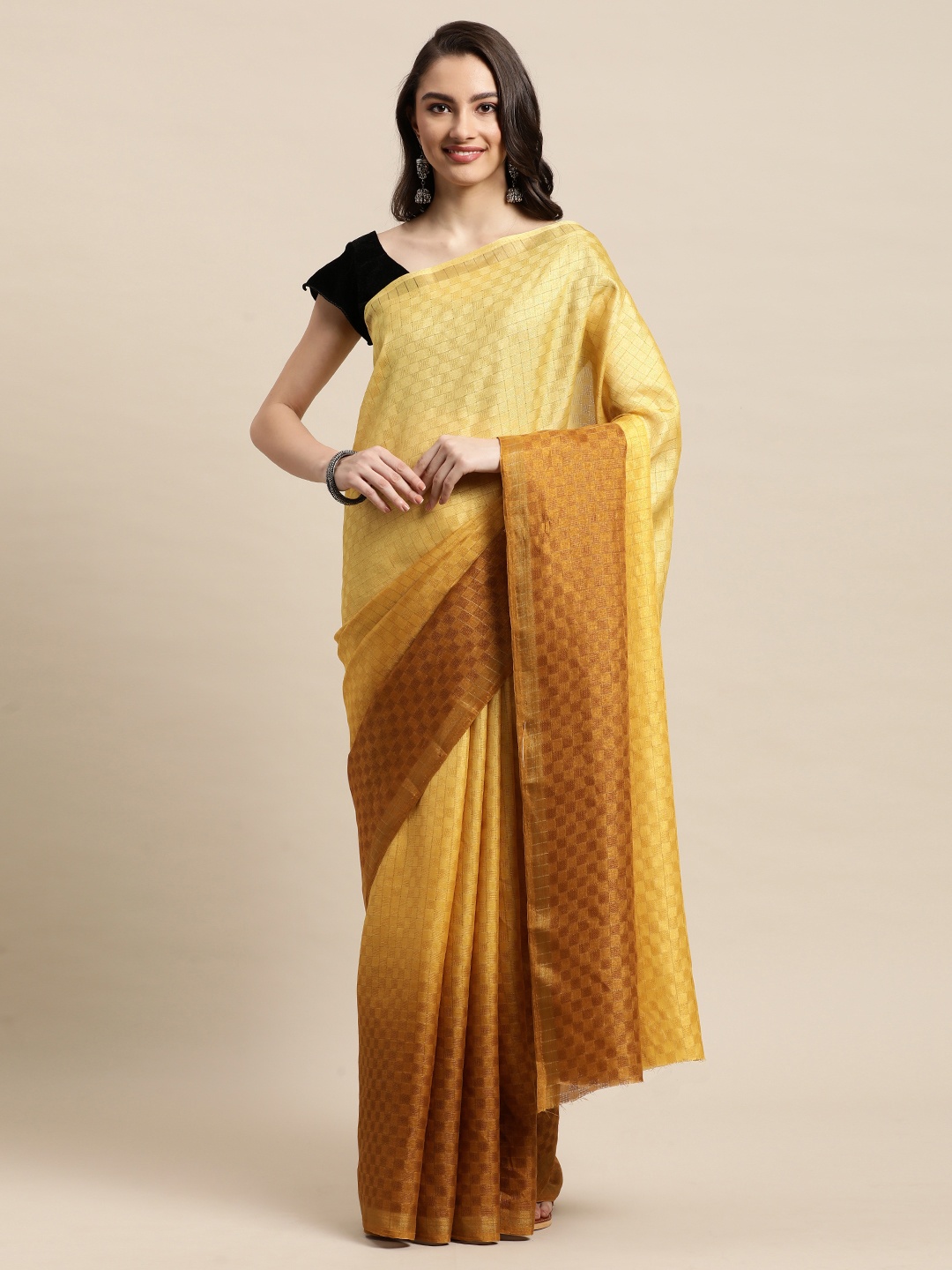 

LOROFY Yellow Dyed Woven Design Chanderi Cotton Saree