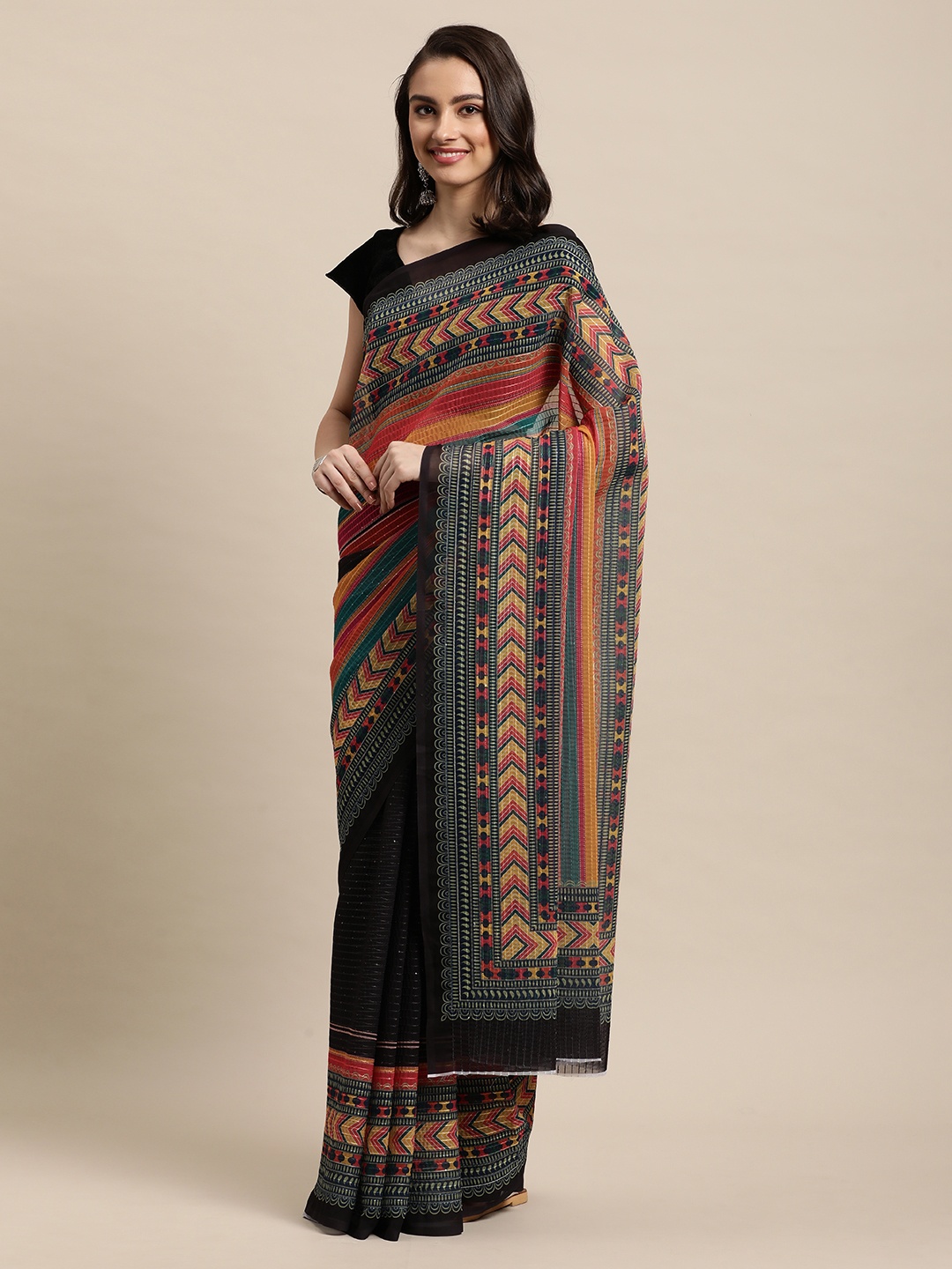 

LOROFY Black & Red Striped Sequinned Pure Georgette Saree