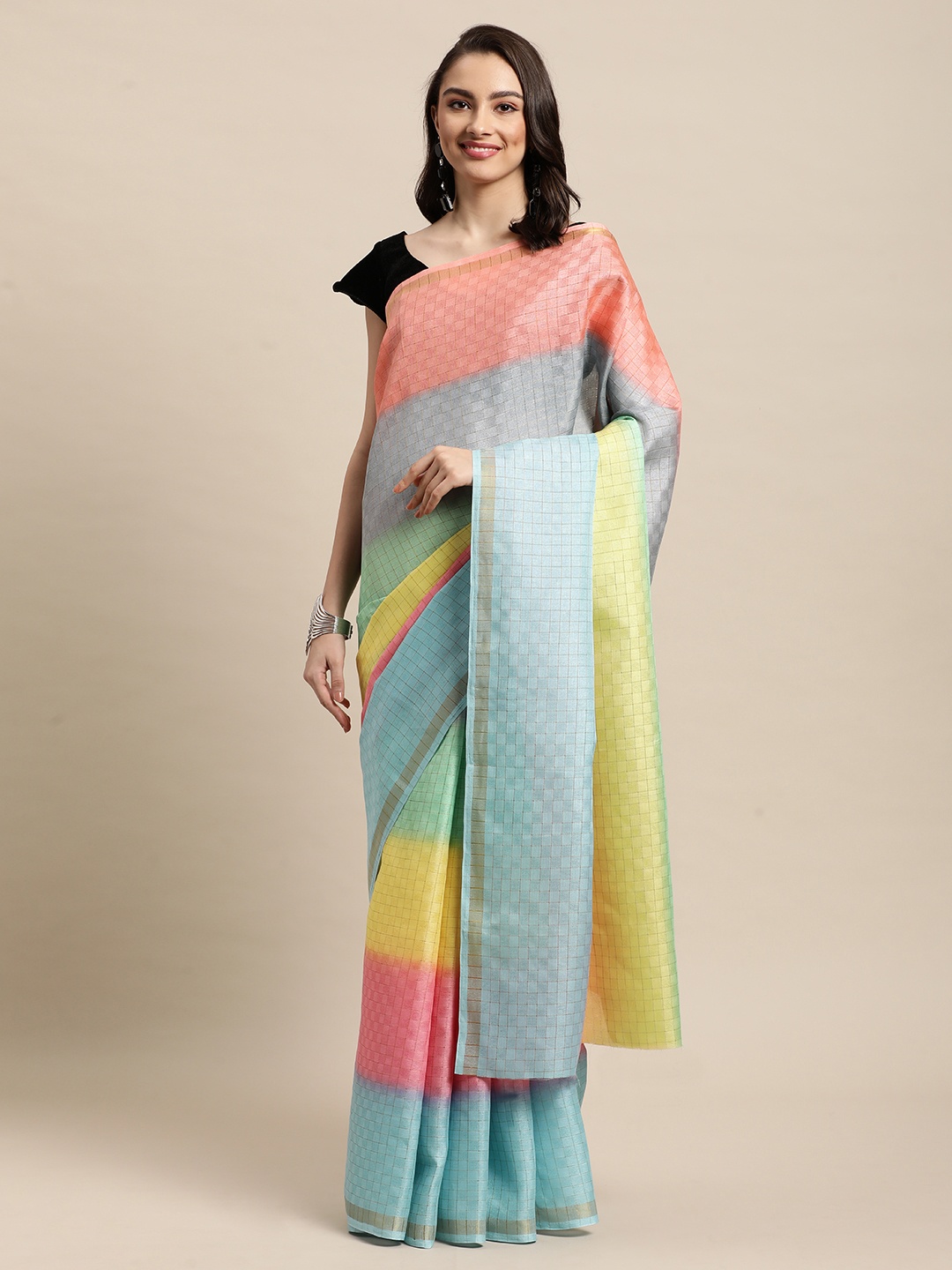 

LOROFY Blue & Yellow Dyed Woven Design Chanderi Cotton Saree