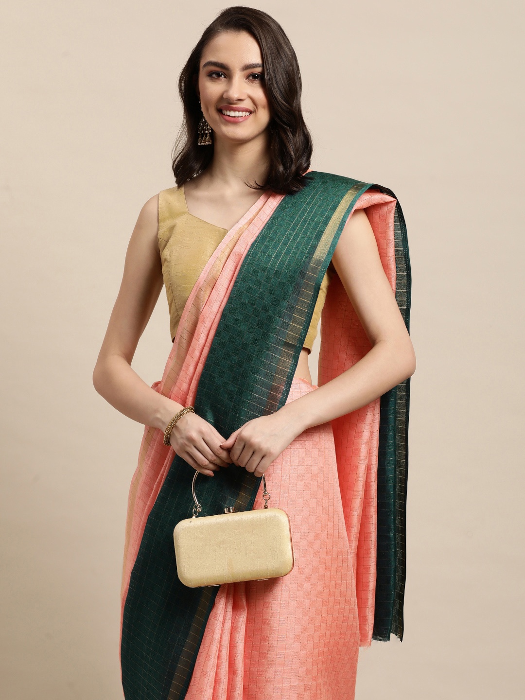 

LOROFY Peach-Coloured & Green Woven Design Pure Cotton Saree