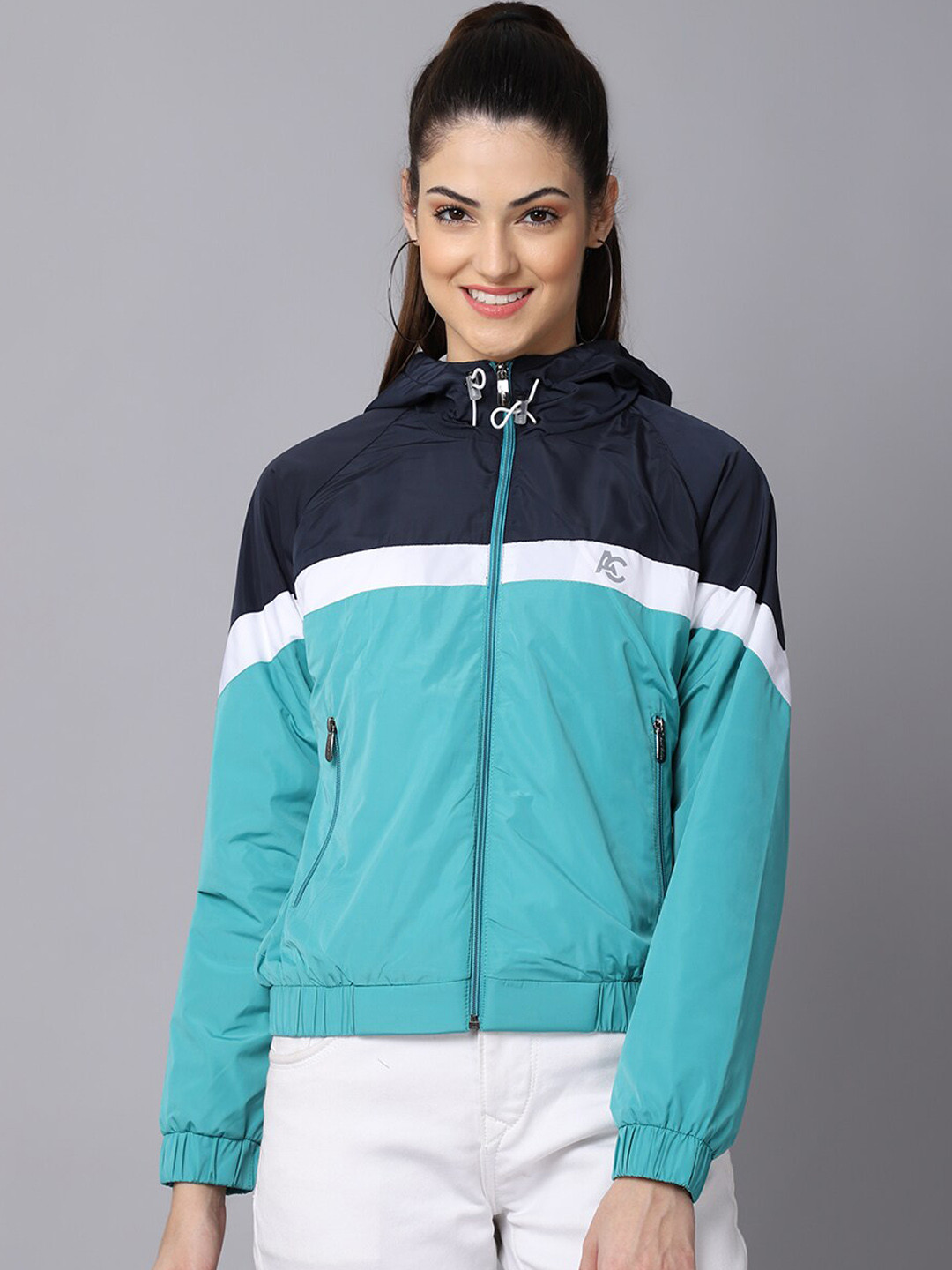 

ANTI CULTURE Women Sea Green Colourblocked Windcheater Crop Outdoor Sporty Jacket