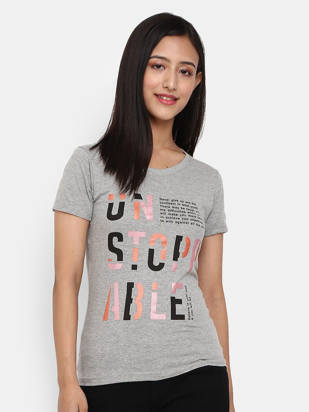 

V-Mart Women Grey Melange Printed V-Neck Applique T-shirt