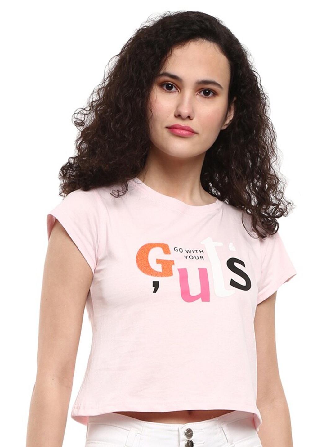 

V-Mart Women Pink Typography Printed Extended Sleeves Applique T-shirt