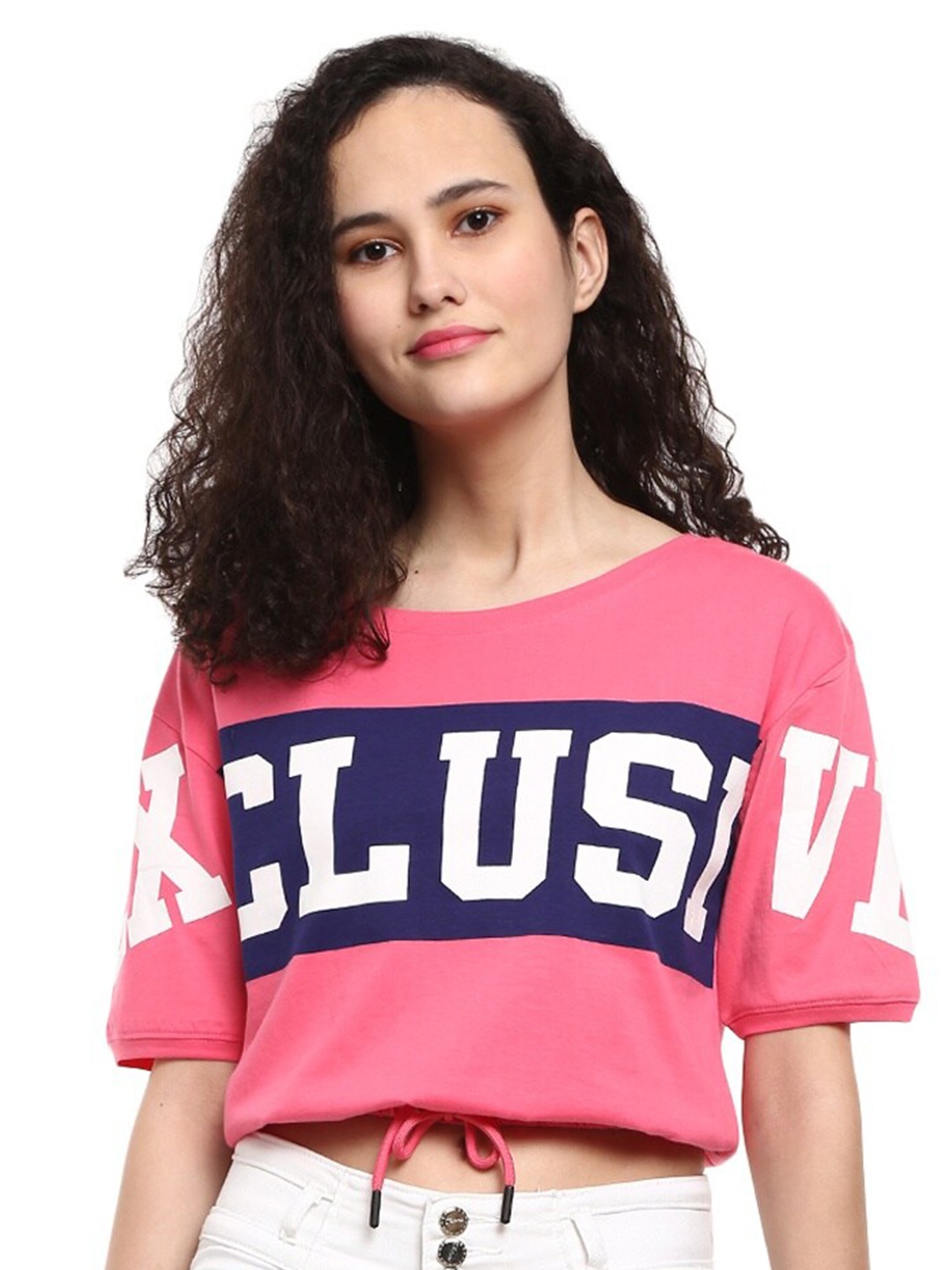 

V-Mart Women Pink & pink lemonade Typography Printed Applique T-shirt