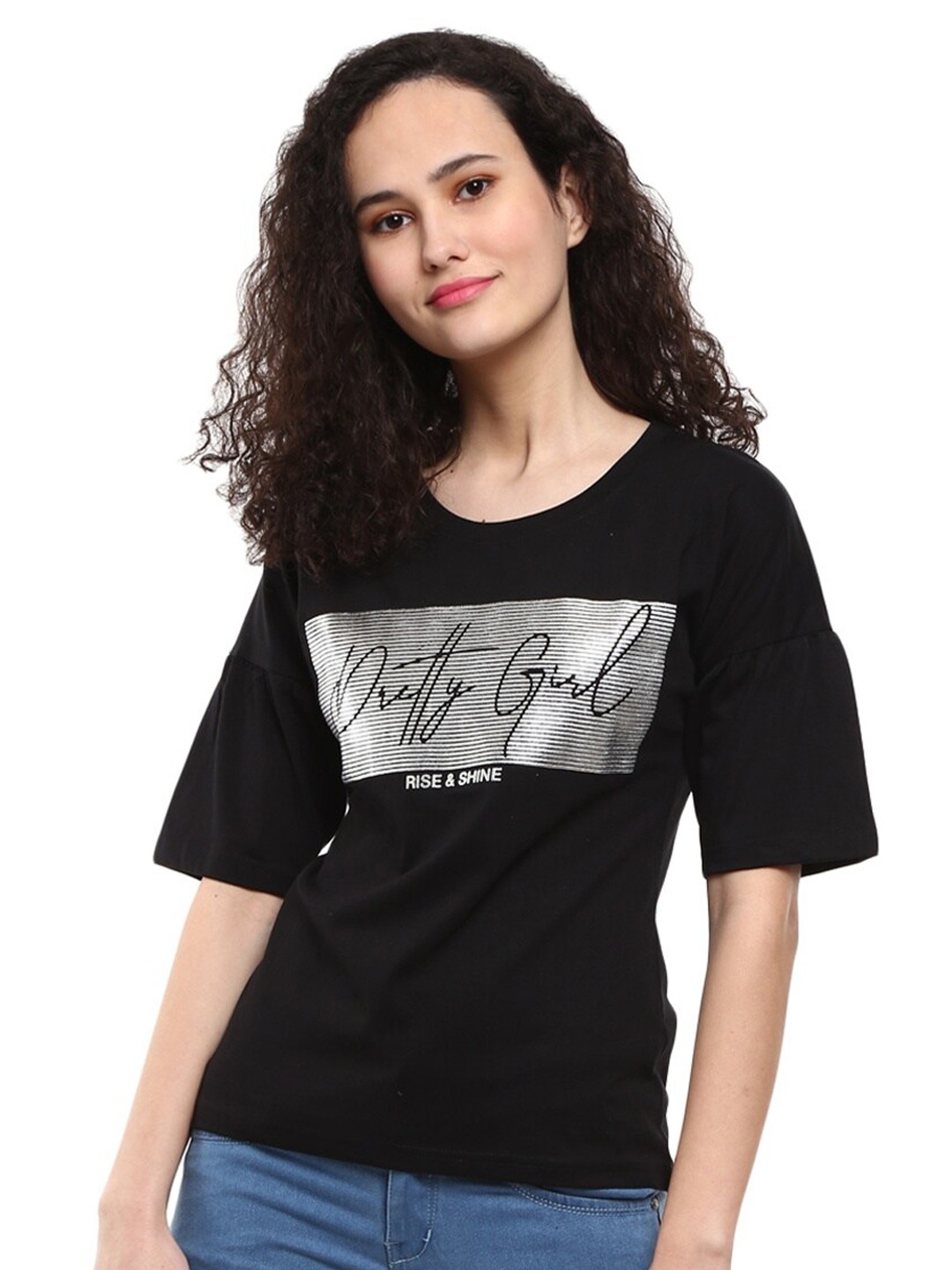 

V-Mart Women Black & french middle red purple Typography Printed T-shirt