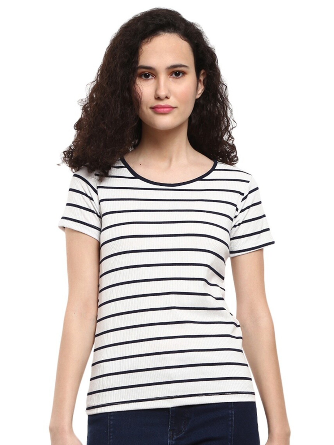 

V-Mart Women Navy Blue Striped T-shirt