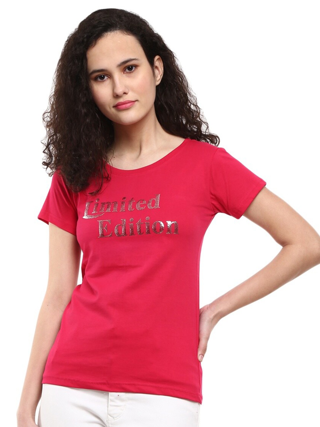 

V-Mart Women Fuchsia Typography Printed Extended Sleeves T-shirt