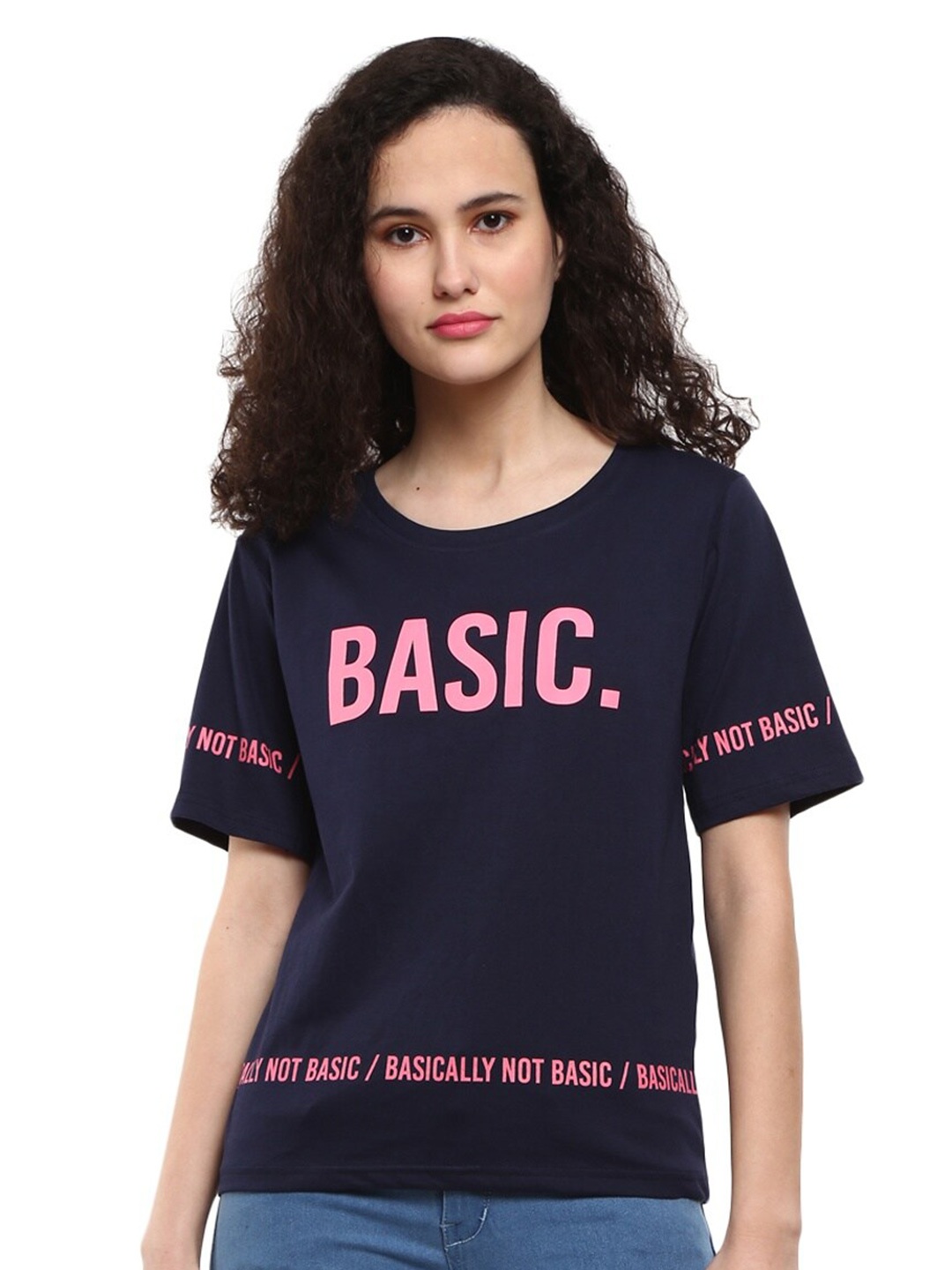 

V-Mart Women Navy Blue & dark sapphire Typography Printed Applique T-shirt