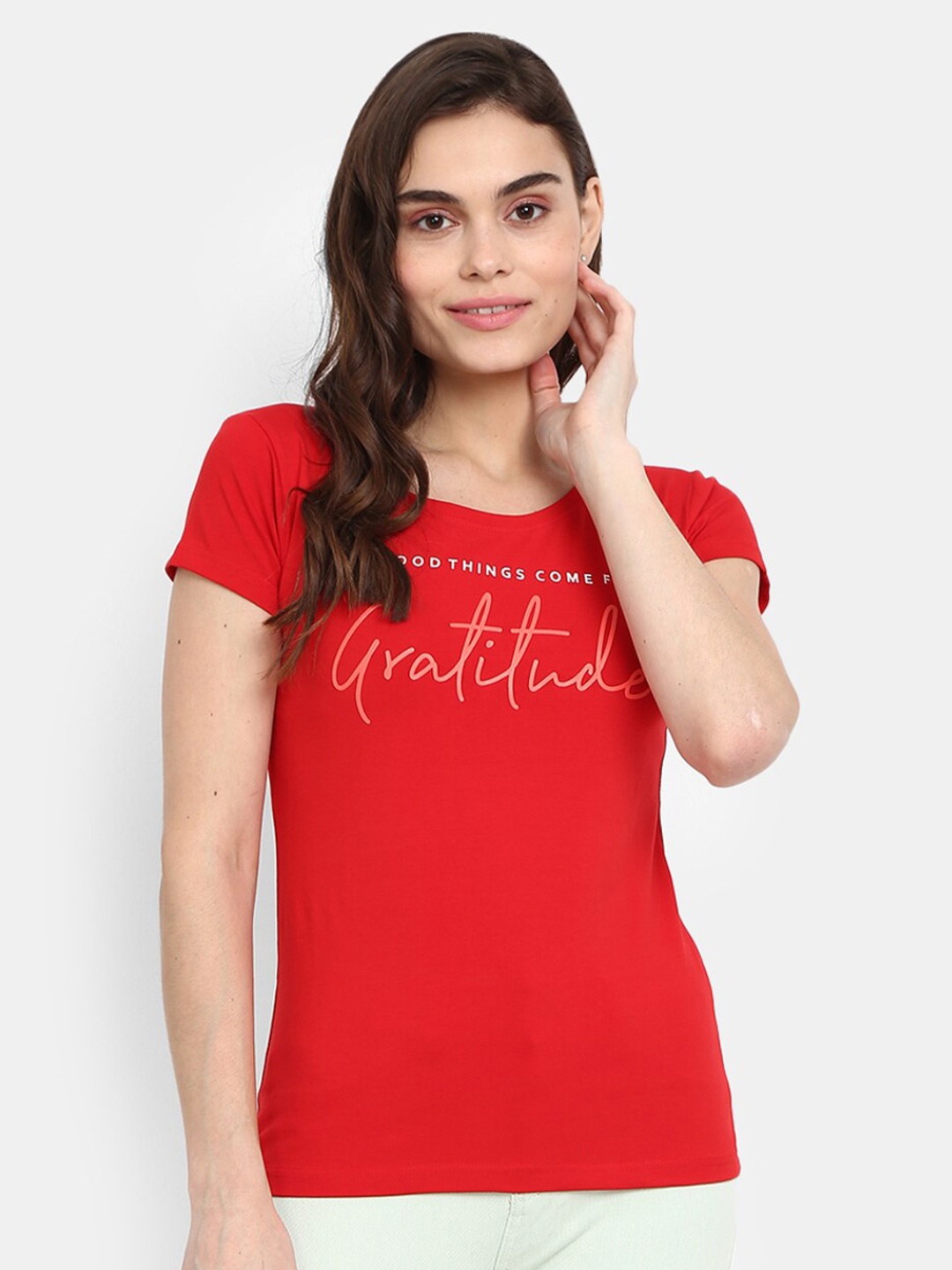 

V-Mart Women Red & crimson Typography Extended Sleeves T-shirt