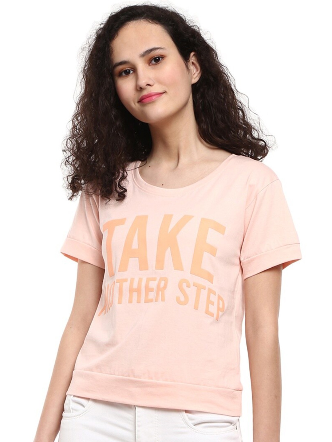 

V-Mart Women Peach-Coloured & ballerina Typography Printed T-shirt