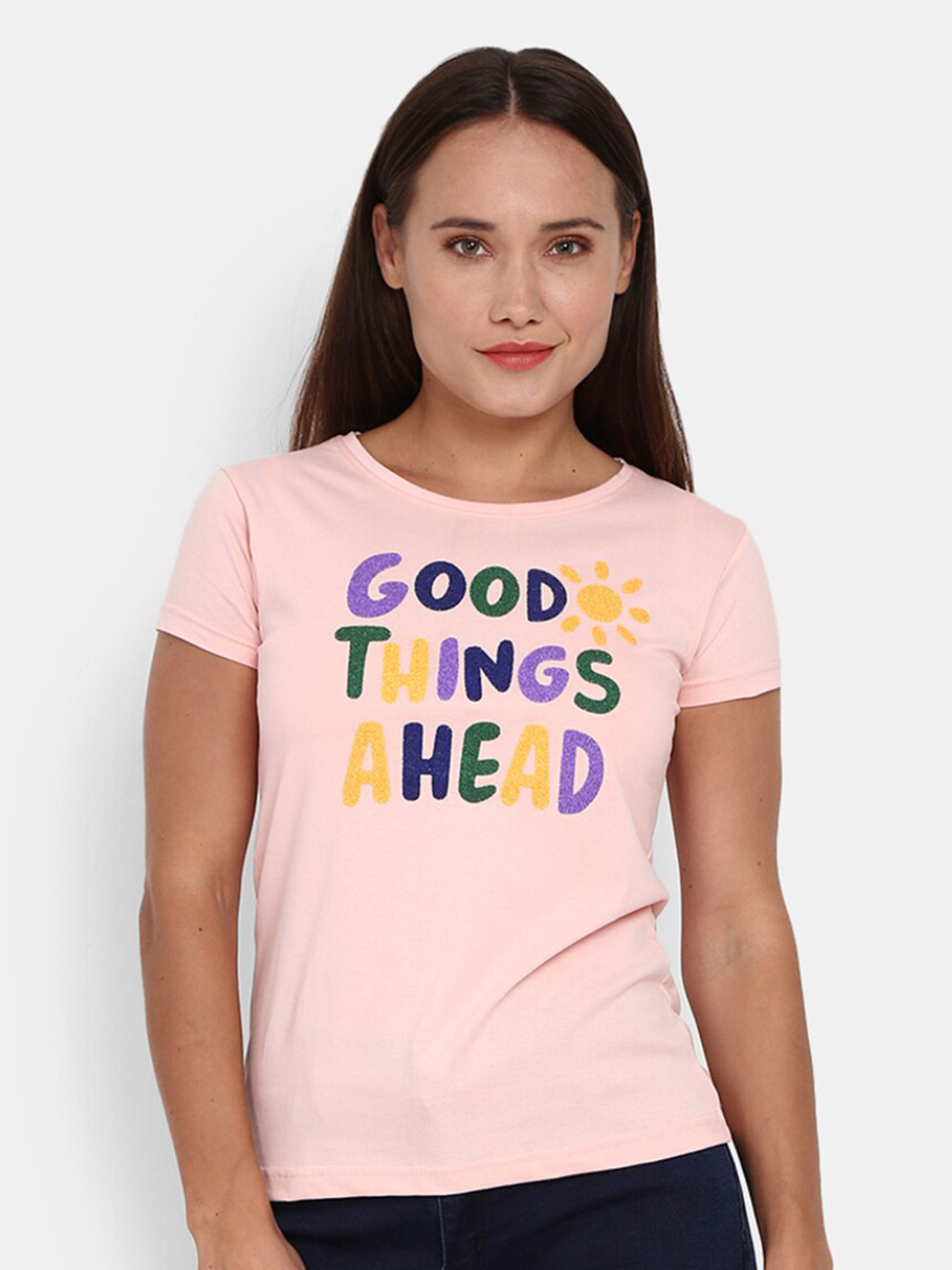 

V-Mart Women Pink & scallop shell Typography Printed Applique T-shirt
