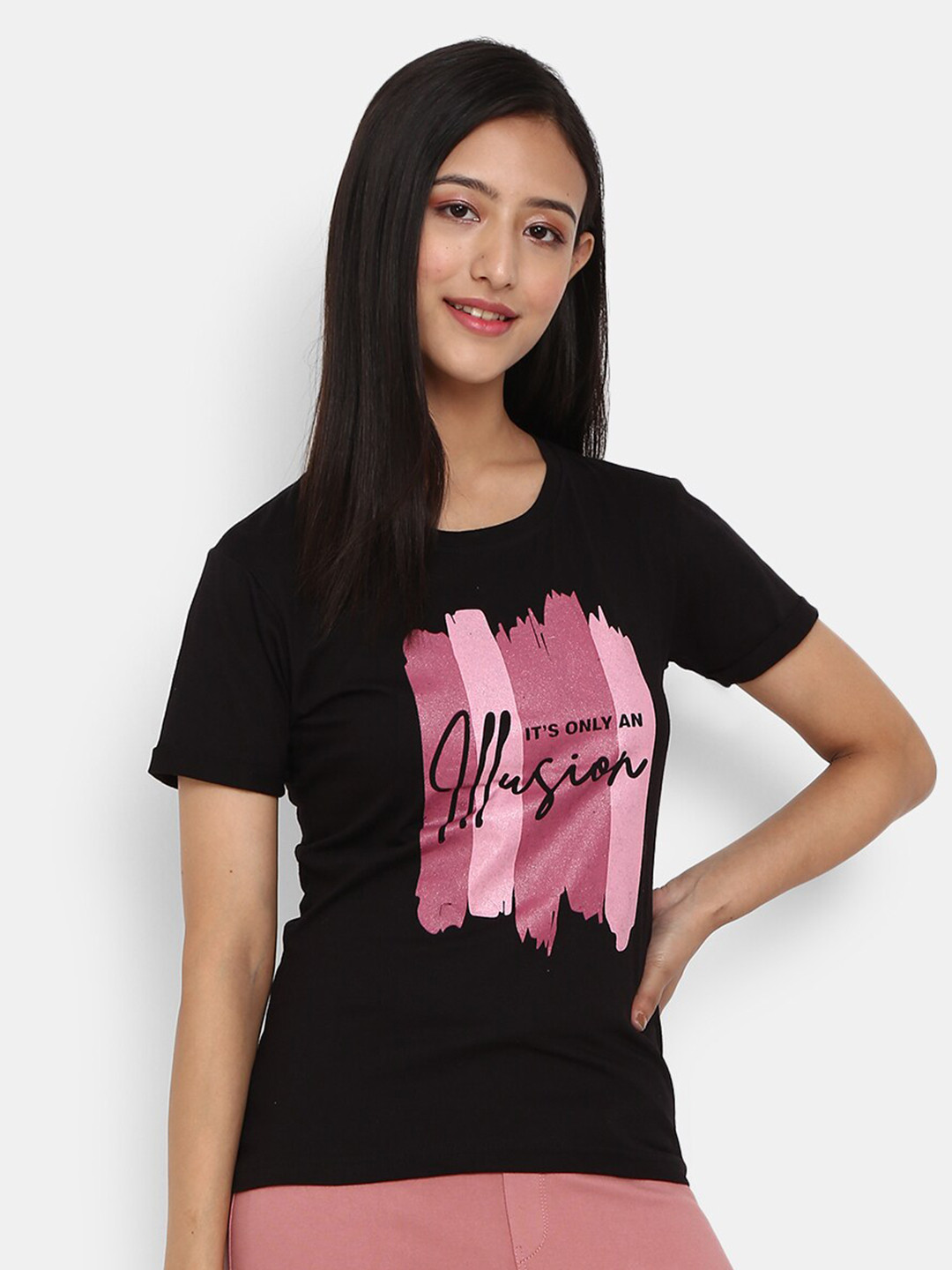 

V-Mart Women Black Printed V-Neck Applique T-shirt