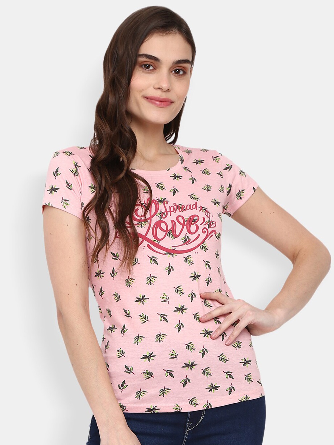 

V-Mart Women Peach-Coloured & crystal rose Floral Printed T-shirt