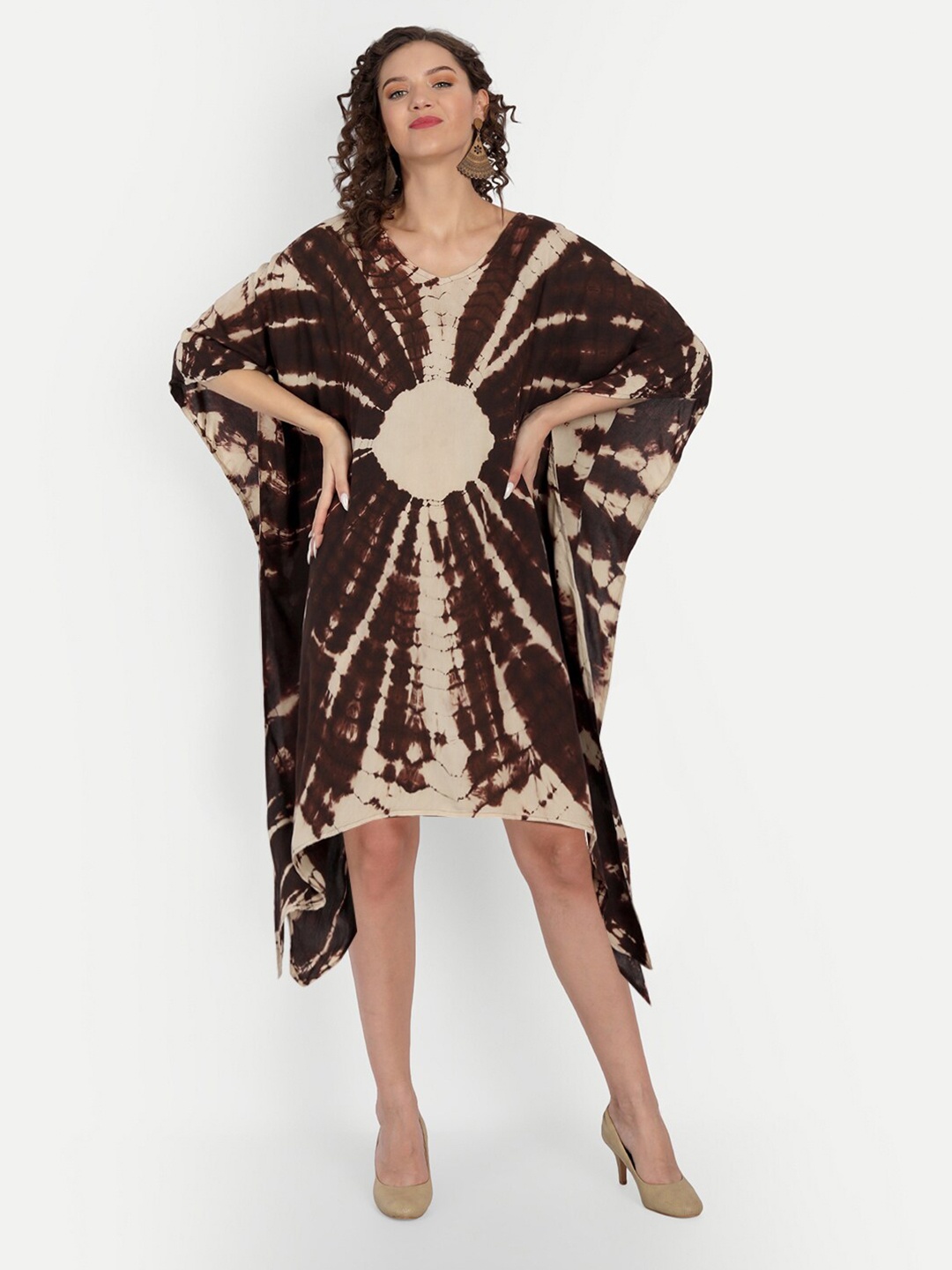 

JIRON Brown Tie and Dye Asymmetric Kaftan Dress