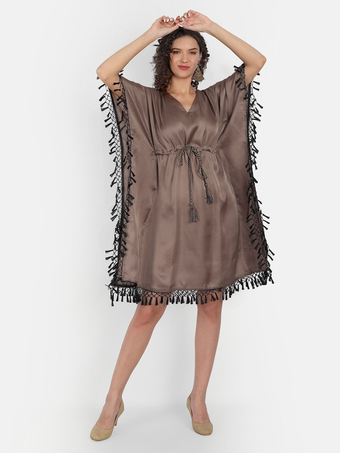 

JIRON Brown Modal Silk Kaftan Dress with Fringes
