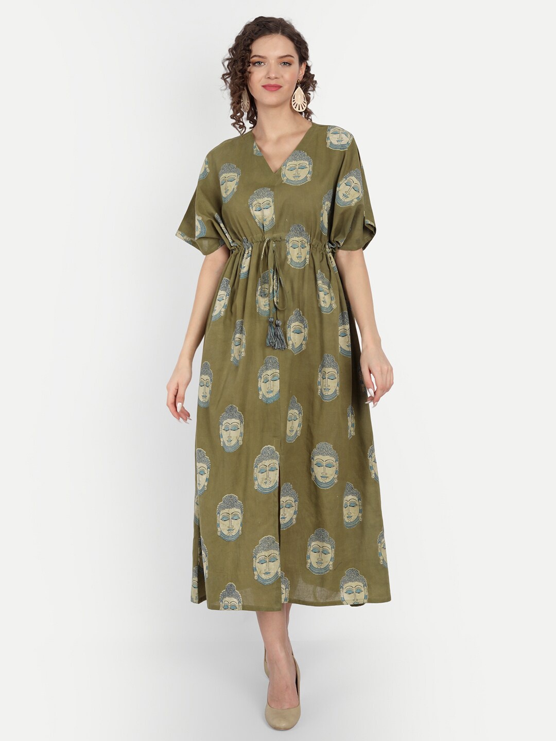 

JIRON Olive Green Block Printed Pure Cotton Kaftan Maxi Dress