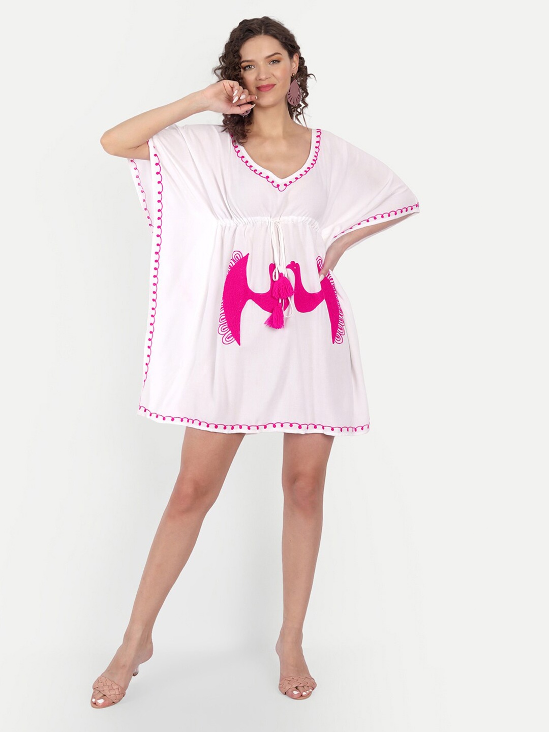 

JIRON White & Pink Embroidery Kaftan Dress