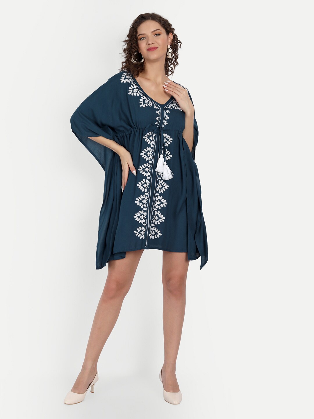 

JIRON Blue Embroidery Kaftan Mini Dress