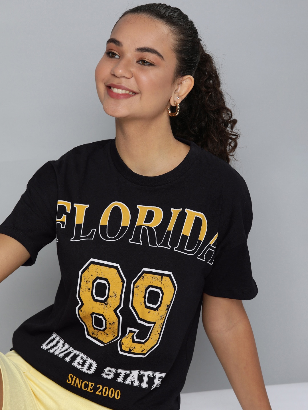 

HERE&NOW Women Black & Mustard Yellow Typography Printed Pure Cotton T-shirt