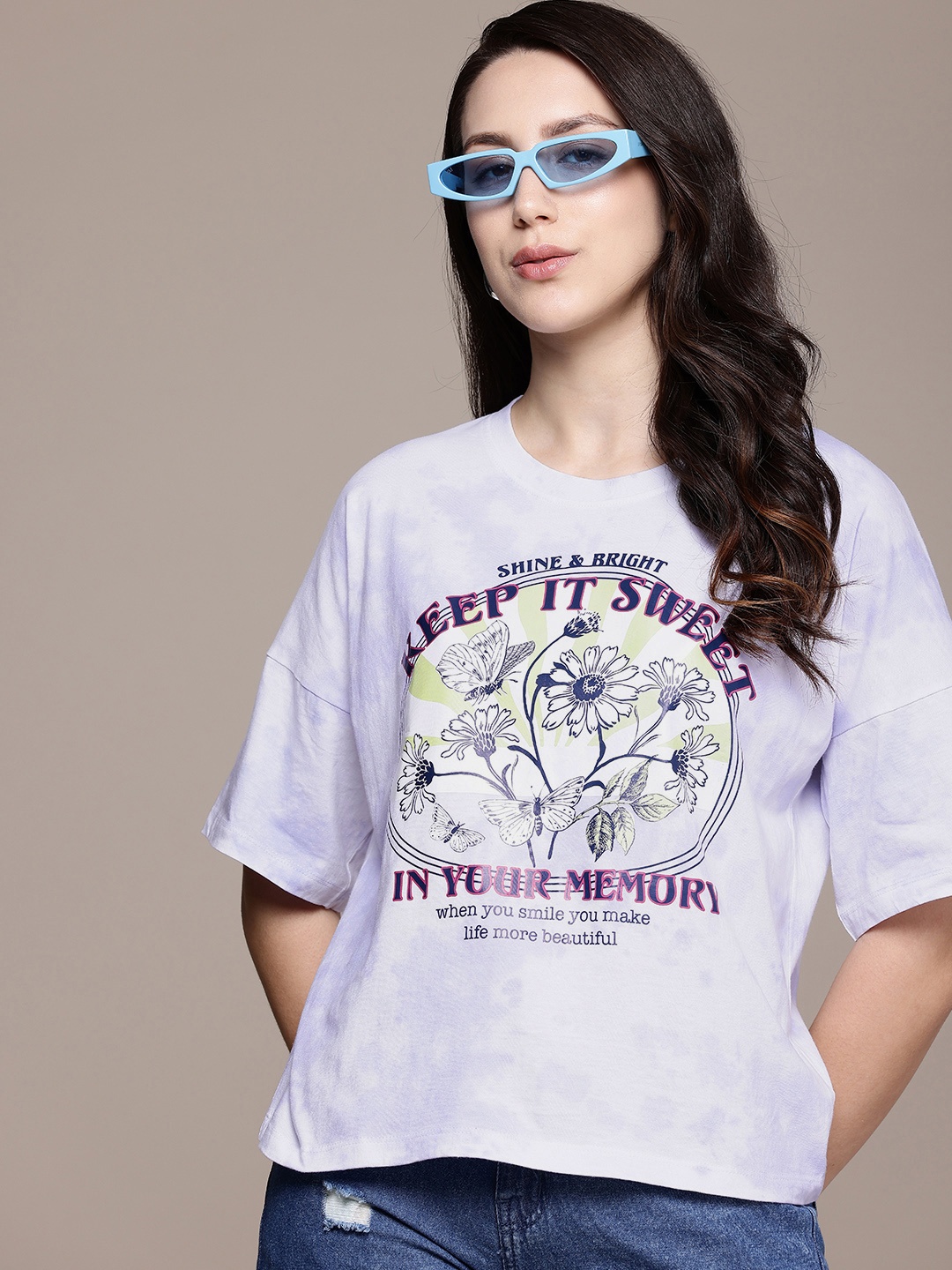 

Moda Rapido Printed Dyed Drop-Shoulder Sleeves Pure Cotton T-shirt, Purple