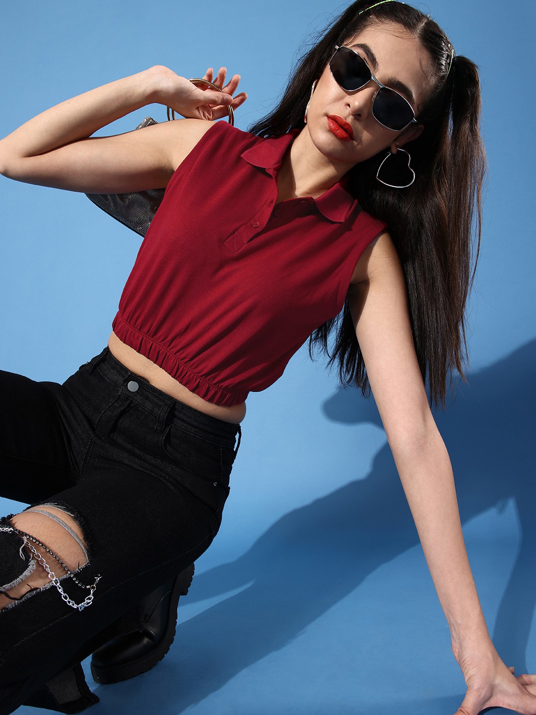 

HERE&NOW Women Maroon Polo Collar Cropped T-shirt
