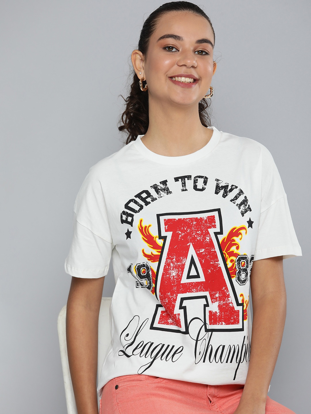 

HERE&NOW Women White Graphic Printed Slim Fit Pure Cotton Casual T-shirt