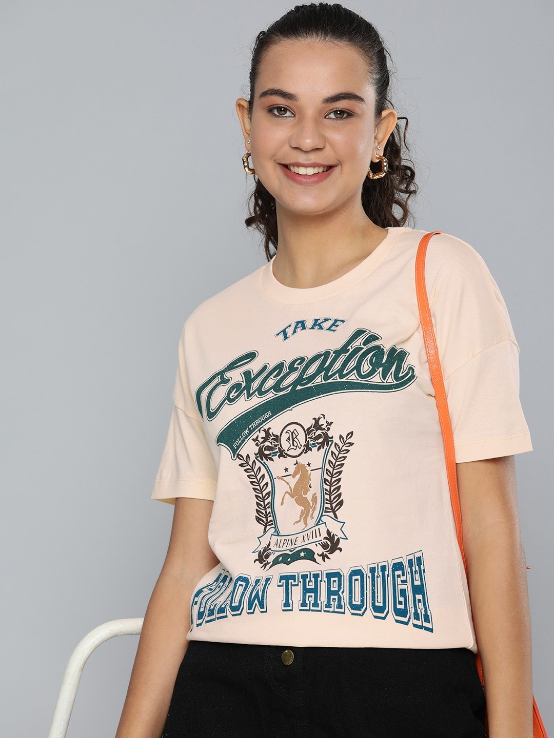 

HERE&NOW Women Peach-Coloured Graphic Printed Slim Fit Pure Cotton T-shirt