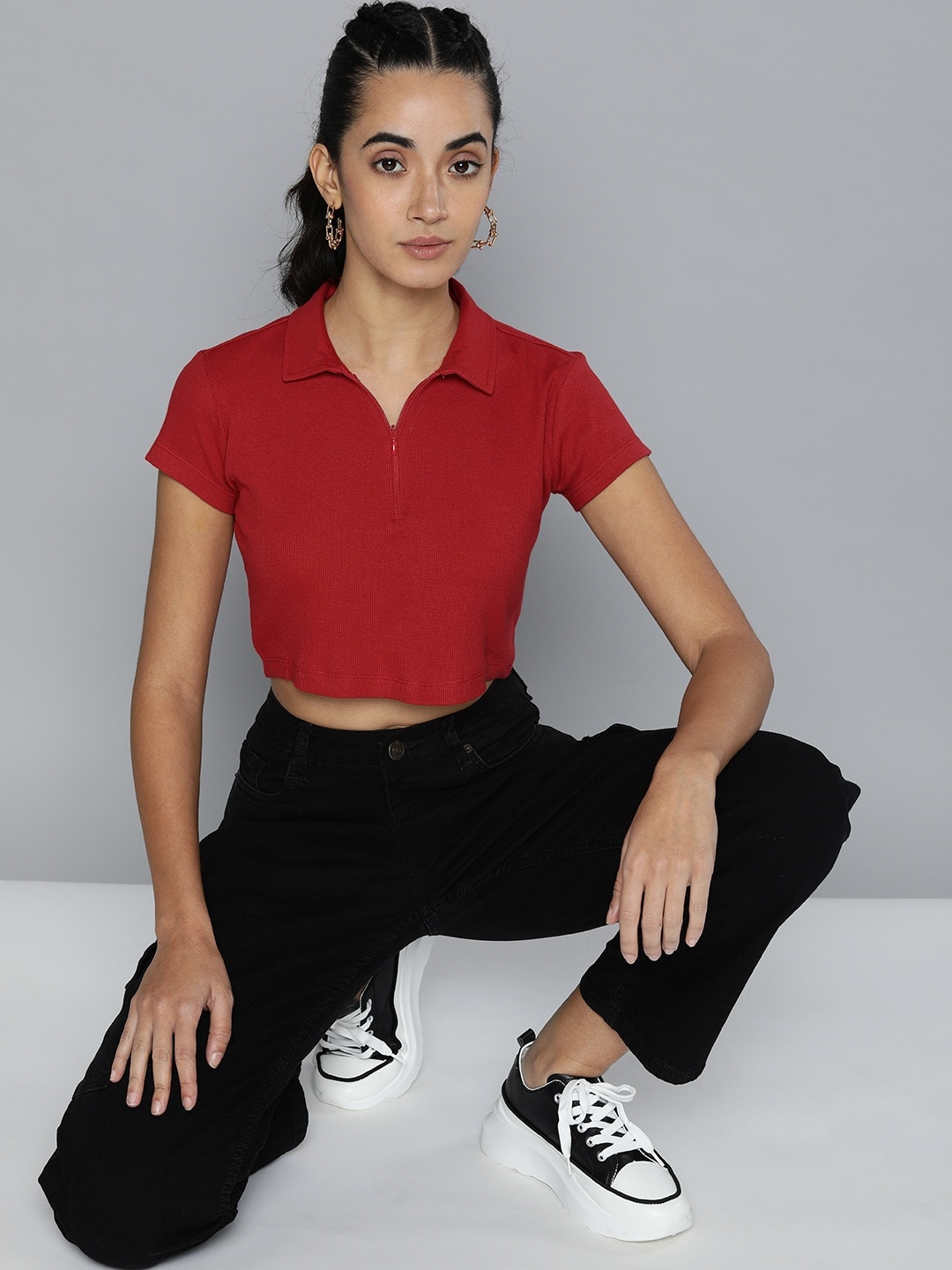 

HERE&NOW Women Red Polo Collar Crop T-shirt