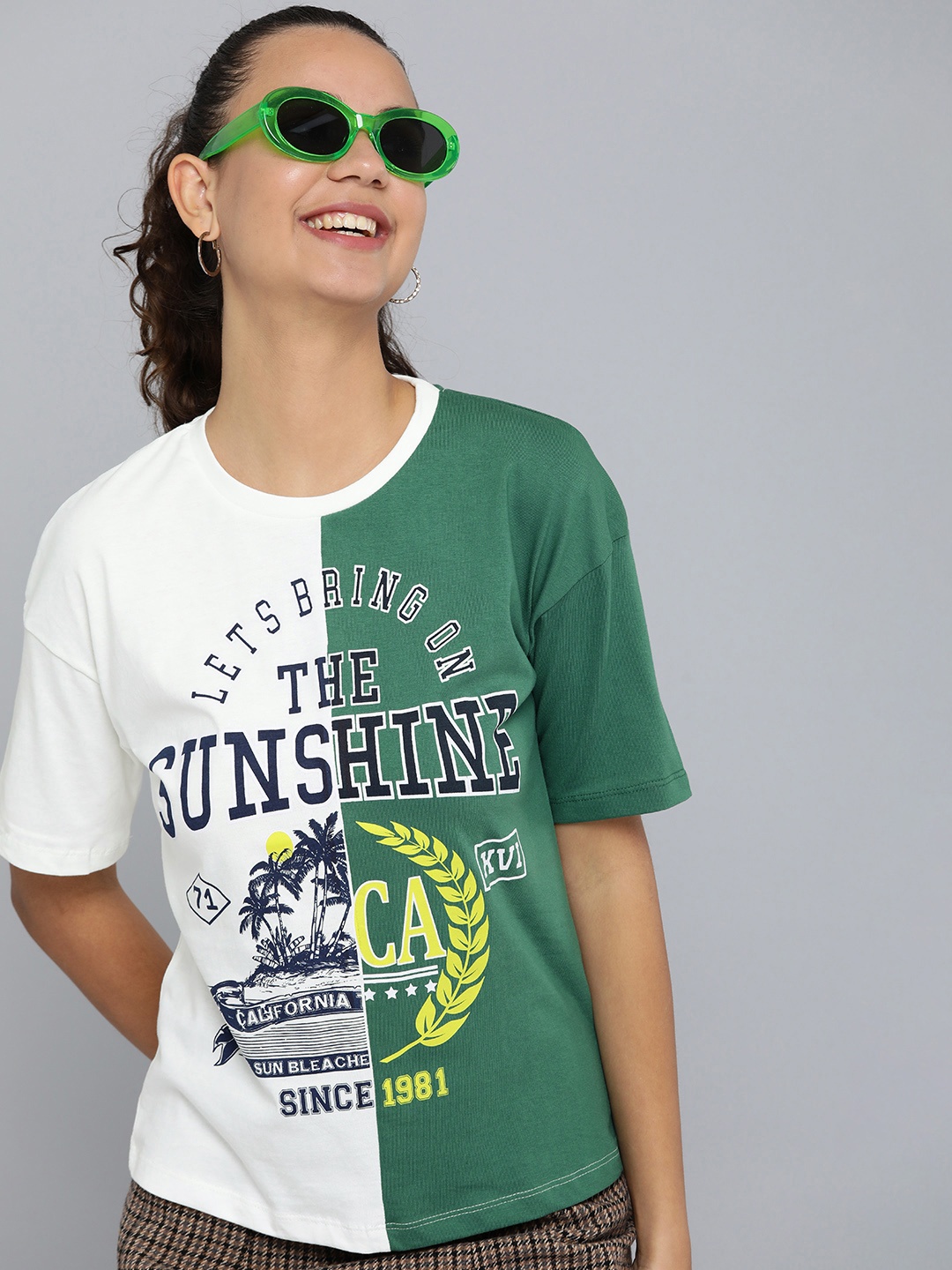 

HERE&NOW Women White & Green Typography Printed Drop-Shoulder Sleeves Pure Cotton T-shirt