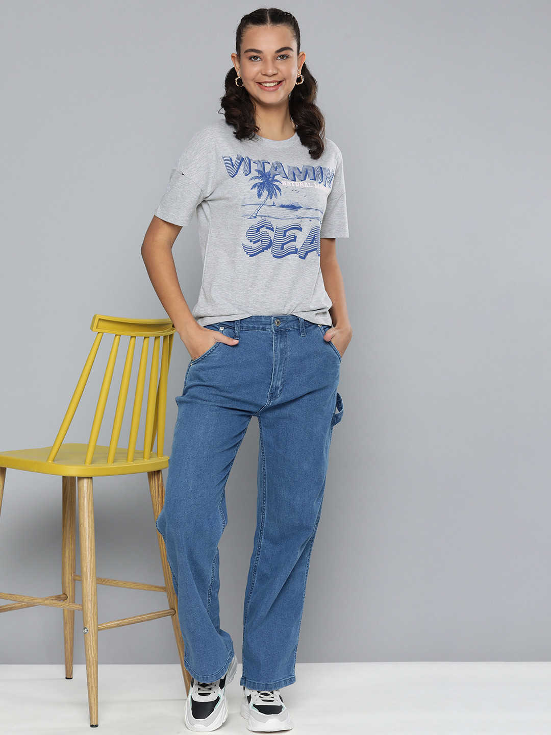

HERE&NOW Women Grey Melange & Blue Typography Printed T-shirt