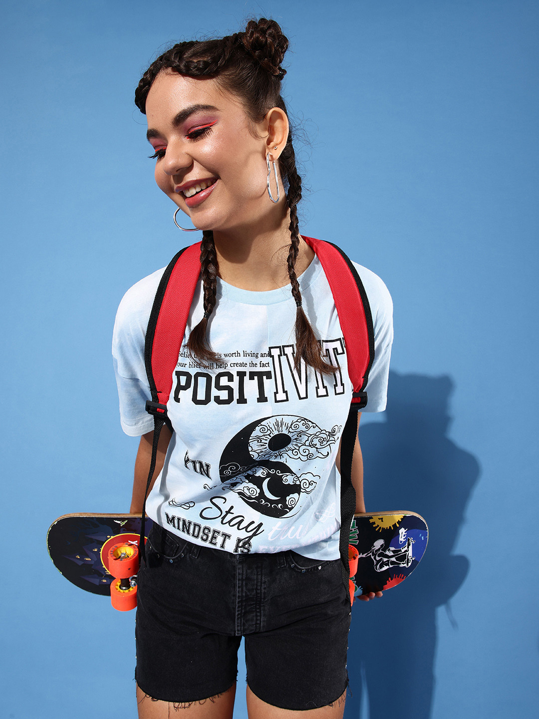 

HERE&NOW Women Blue Graphic Printed Pure Cotton Casual T-shirt
