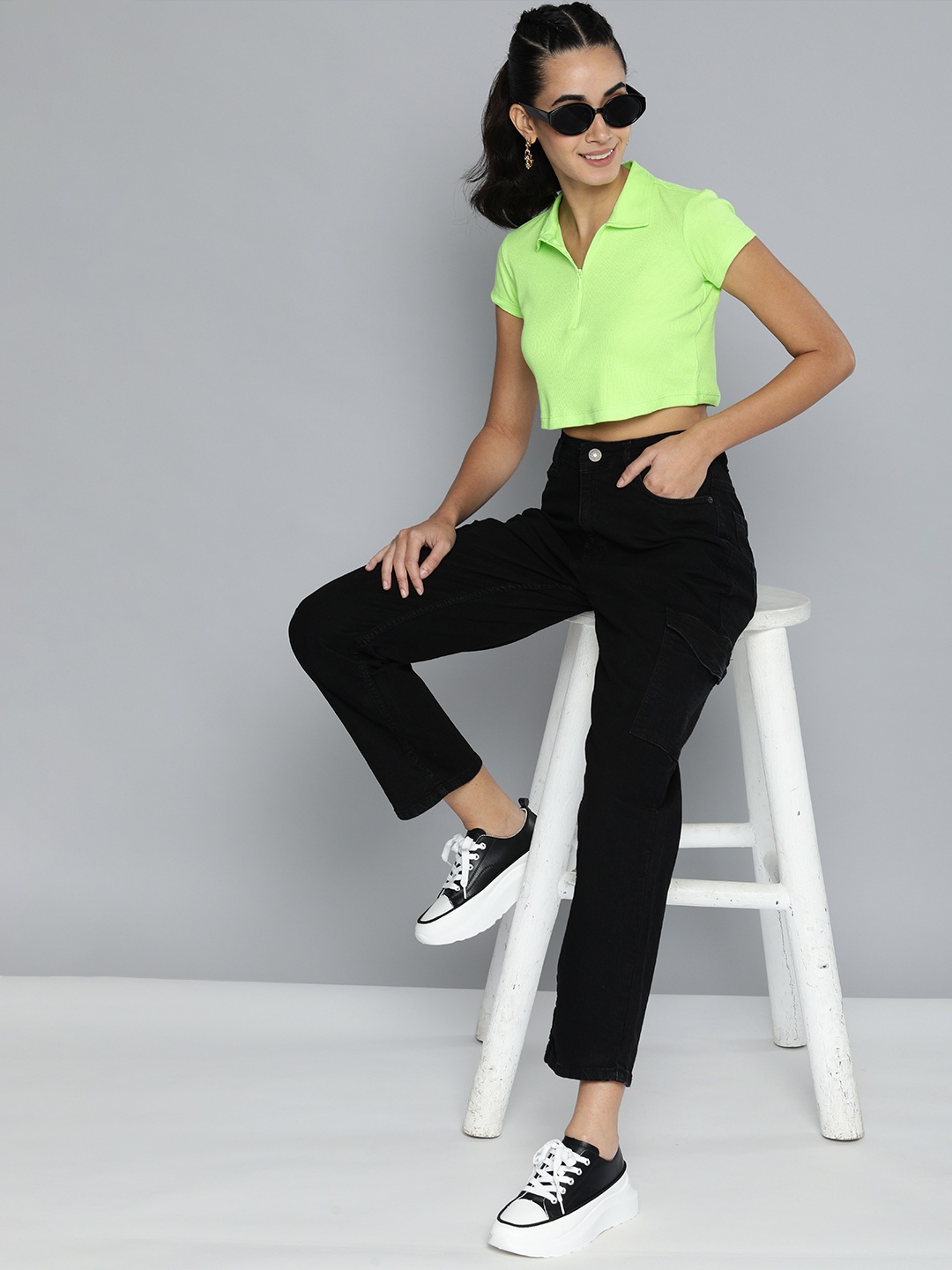 

HERE&NOW Women Fluorescent Green Polo Collar Crop T-shirt
