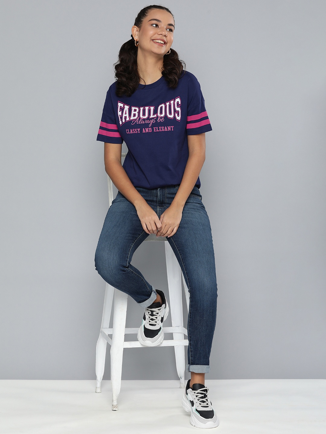 

HERE&NOW Women Navy Blue & White Typography Printed Pure Cotton T-shirt