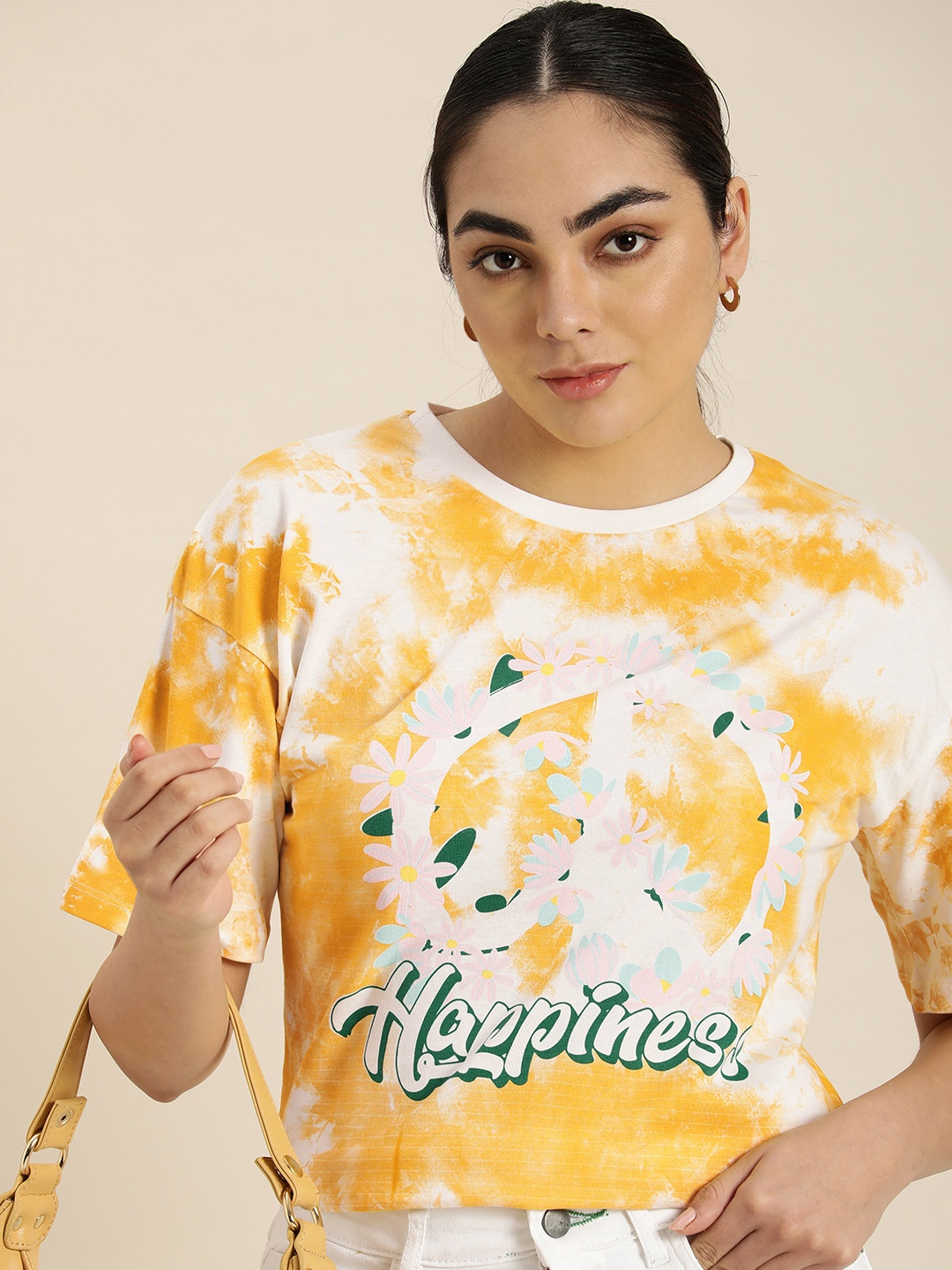 

Moda Rapido Women Mustard Yellow & White Tie and Dye T-shirt