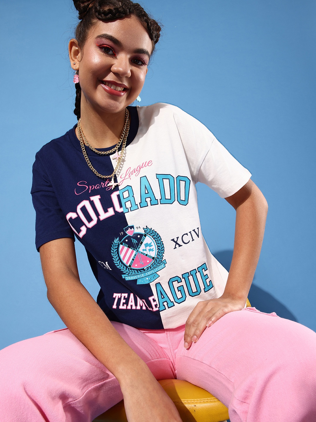 

HERE&NOW Women Blue & White Colourblocked Pure Cotton T-shirt