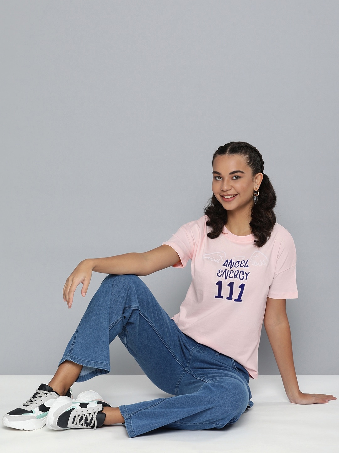 

HERE&NOW Women Pink & Blue Typography Printed Pure Cotton T-shirt