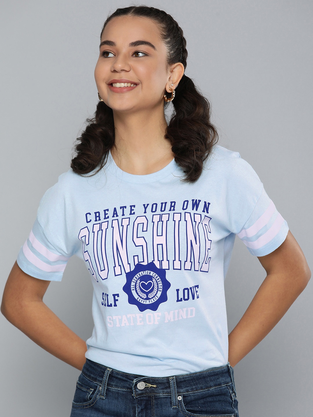 

HERE&NOW Women Blue Typography Printed Pure Cotton T-shirt